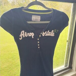 Aeropostale Navy Short Sleeve Ribbed Henley with White Script